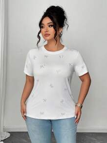 Elenzga Plus Size Women Short Sleeve T-Shirt With Rhinestone Bow Decor - White - View 6