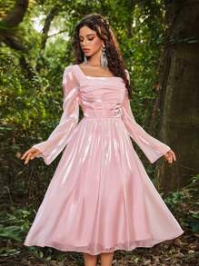 SHEIN Belle 优雅奢华的灰绿色长袖深垂领鱼尾褶皱腰 A 字裙，适合婚礼、派对、度假、伴娘（成人） - 淺粉色 - 查看 7