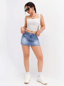 SHEIN PETITE Women's Retro Casual Versatile Denim Skort With Pockets - Light Wash - View 7