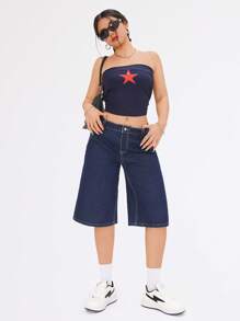 SHEIN EZwear Jeans informales con efecto desgastado, tiro bajo, pierna ancha y entrepierna de 6 pulgadas
