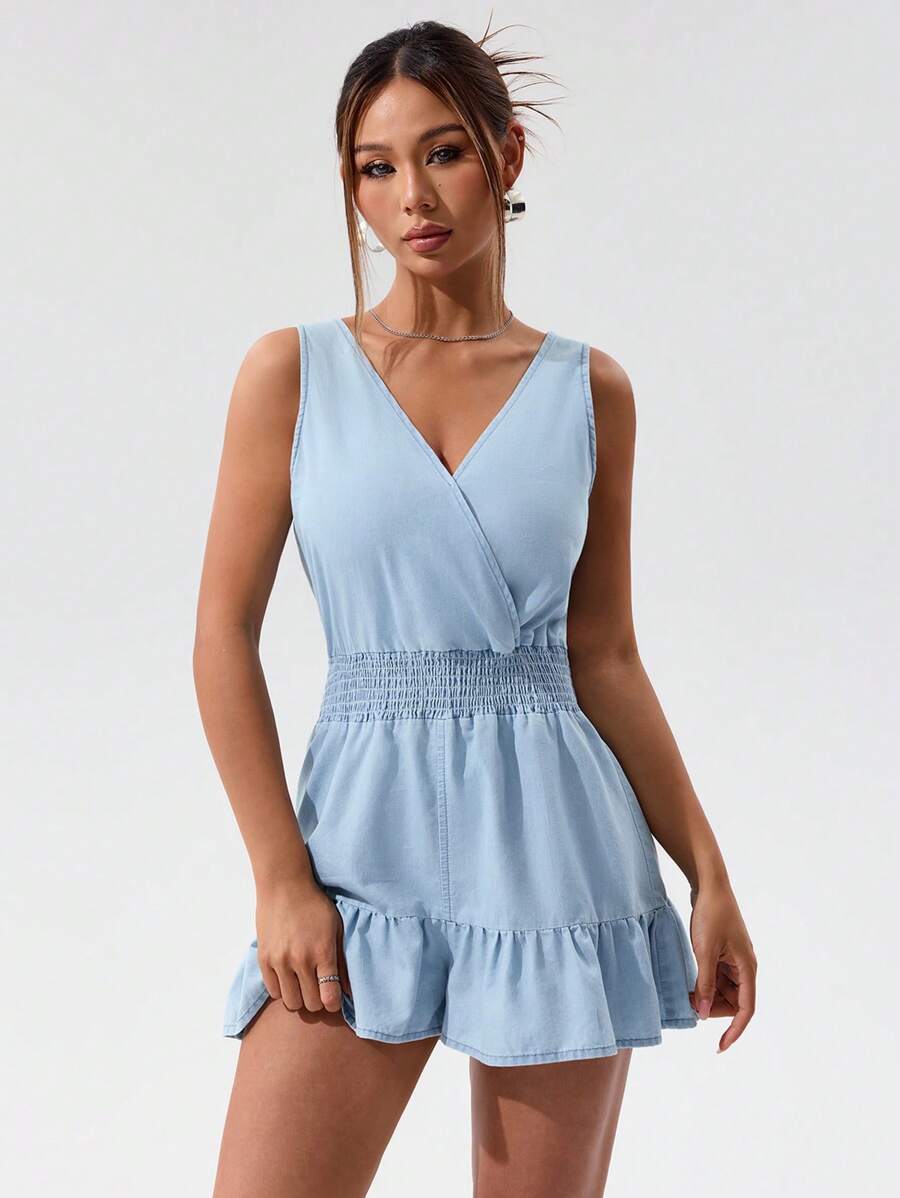 SHEIN EZwear 女式纯色V领交叉褶皱无袖牛仔连体裤 - 淺色水洗藍 - 查看 1