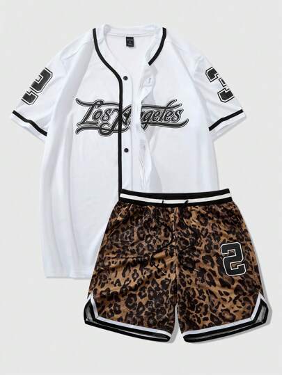 Street Life 2pcs/Set Men's Casual American Baseball Style Shirt Letter+ Leopard Print Sports Shorts