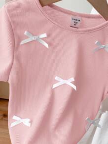 SHEIN LMoss Kids 2件套年轻女孩时尚针织纯色圆领修身休闲T恤 - 粉色 - 查看 4