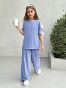 SHEIN Nova Glow Tween Girl 纯色圆领蝴蝶结宽松 T 恤和休闲阔腿裤 2 件套 - 霧霾藍 - 查看 5
