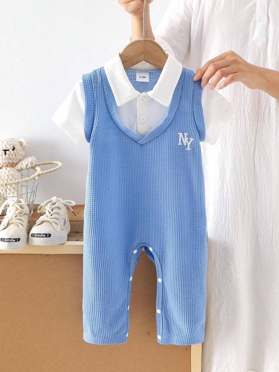 1pc Baby Boy Casual Waffle Knit Letter Embroidery 2 In 1 Contrast Color Short Sleeve Jumpsuit With Snaps, Suitable For Spring/Summer Daily Wear, Outings, Weddings, Ceremonies, Birthday & Anniversary