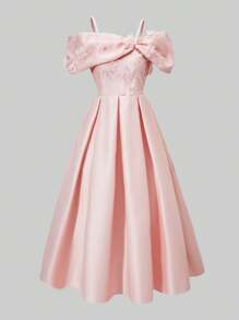 SHEIN 少女蝴蝶结露肩修身喇叭裙，粉色，适合派对 - 粉色 - 查看 7