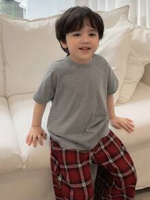 Hapijoa Kids Boys Crew Neck Knitted Short Sleeve T-Shirt + Plaid Pants Homewear, Spring/Summer - Multicolor - View 4