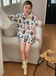 DAZY Tween Girls Fall Print Collared Top + Shorts Home Outfit, Summer, Back To School Clothes - White - View 8