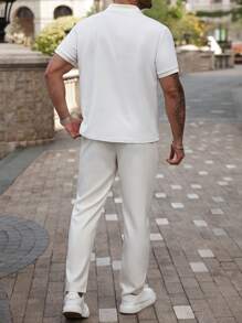 Manfinity Homme Plus Size Men's Casual Solid Color Short Sleeve Polo Shirt And Pants Set, Summer