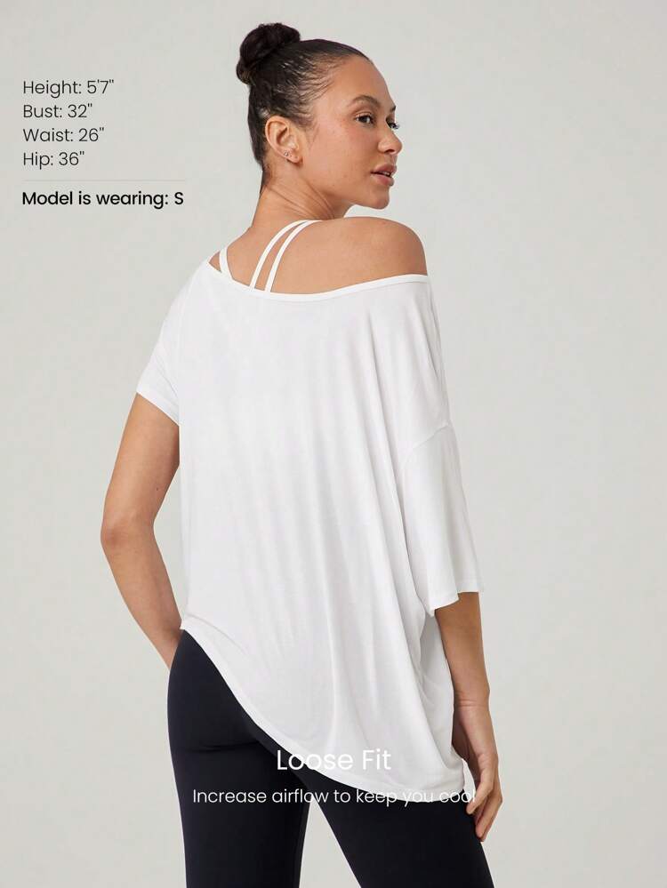 Modal Silky Smooth Asymmetrical Hem Off-Shoulder 3/4 Sleeve Active Tee T-Shirt Daily Casual Wear