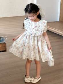 SHEIN Young Girl Sweet Cute Floral Print Ruffle Hem Casual Dress