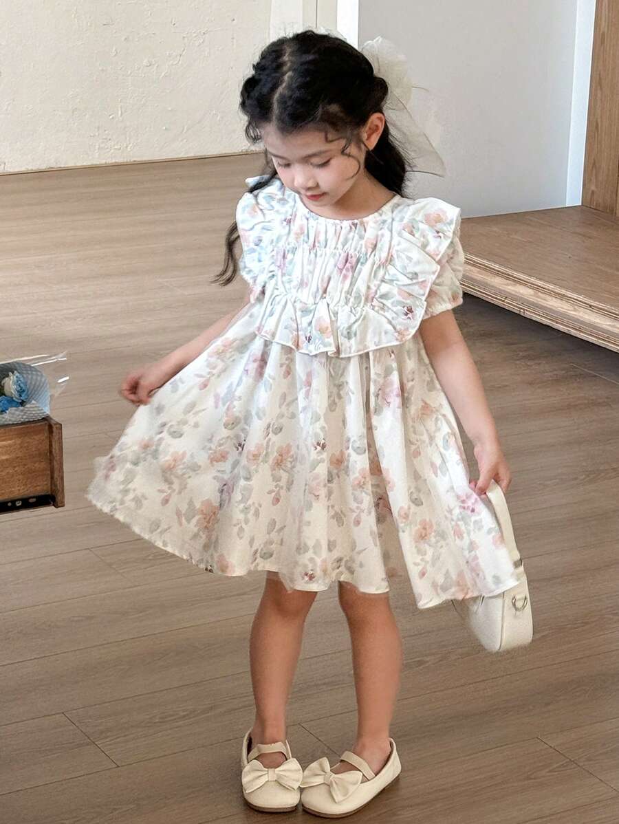 SHEIN Young Girl Sweet Cute Floral Print Ruffle Hem Casual Dress