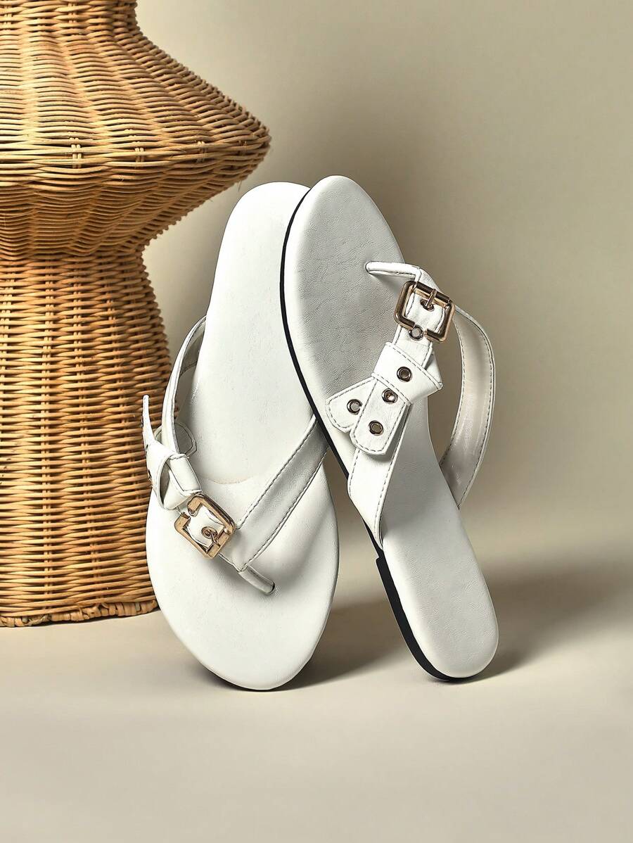 SHUZIA Dép xỏ ngón PU màu kem giản dị hàng ngày cho nữ mùa hè - trắng - Xem 1