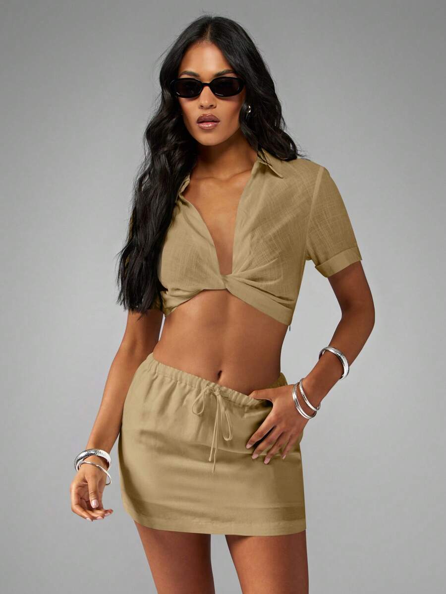 MISSGUIDED CROPPED TWIST FRONT LINEN LOOK SHIRT