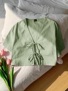 Comfortcana 女式轻薄纯棉纽扣衬衫，夏季 - 薄荷綠 - 查看 5