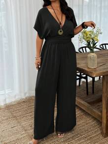 SHEIN Clasi Plus Size Solid Color V-Neck Short Sleeve Jumpsuit, Fashionable For Summer - Black - View 1