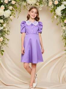 Vestido midi elegante para niña preadolescente con cuello bordado y mangas abullonadas - Morado - Ver 4