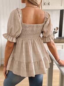 SHEIN Maternity Casual Solid Color Puff Sleeve Blouse, Summer - Apricot - View 2