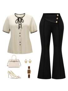 Modelyn Camisa para mujer de talla grande, elegante y sencilla, con diseño de lazo para ir a trabajar - Albaricoque - Ver 1