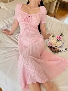 SHEIN Damen rosa Ausschnitt Jacquard Quadratausschnitt Schleife Vorne Lange Nachthemd Babydoll Pyjama Set Damen Nacht Lässig Kleider für Damen Sommer Kleider für Damen Urlaubssaison, Urlaub