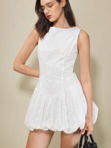 女士夏季镂空刺绣无袖迷你碎花蕾丝连衣裙，优雅淑女度假连衣裙，毕业礼服 - 白色 - 查看 6