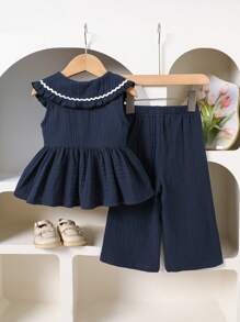 SHEIN Vintaside Kids 2-delige set voor babymeisjes, schattig stijlvol marineblauw topje zonder hals en broek, preppy stijl lente- en zomerkleding.
