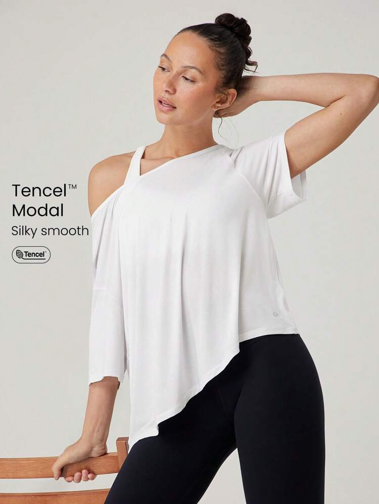 Modal Silky Smooth Asymmetrical Hem Off-Shoulder 3/4 Sleeve Active Tee T-Shirt Daily Casual Wear
