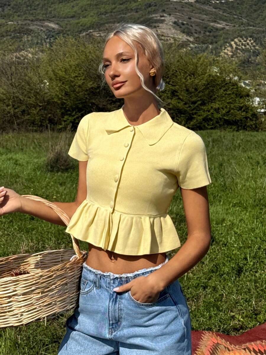 SHEIN EZwear Women's Solid Color Short Sleeve Single-Breasted Ruffle Hem Lightweight Cardigan Sweater - Yellow - View 1