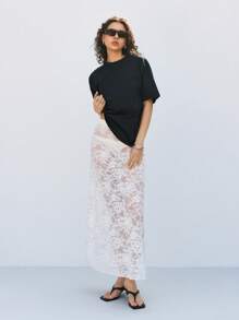 LYSMO Falda midi de encaje floral transparente de moda para mujer, nueva llegada 2025