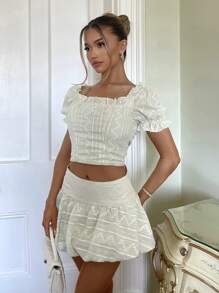 Glamine Charm Women's Textured Embroidered Square Neck Puff Sleeve Ruffle Hem Cropped Shirt - Green - View 4