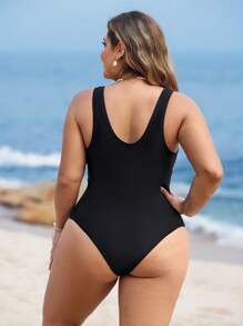 Swim Lushoire 基本款简约度假运动装拼色加大码连体泳衣 - 黑與白 - 查看 2