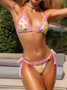 Swim Mod 2pcs/Set Knitted Random Floral Print Tie Front Tankini Swimsuit For Women For Summer Beach Vacation - Multicolor - View 4