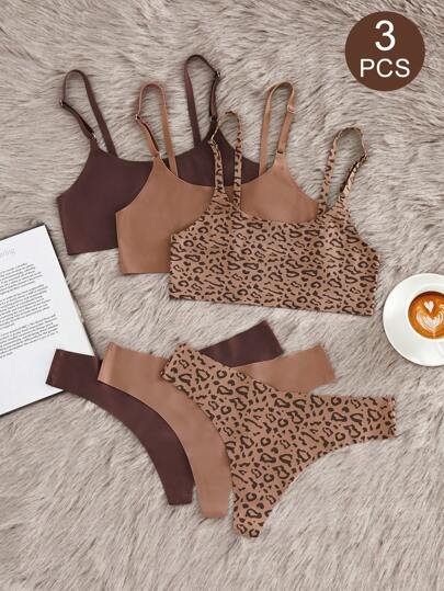 Snug Zone 3pcs Casual Leopard Print Low Waist Unpadded Wireless Bra Set For Women