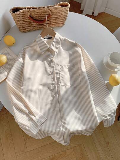 SHEIN Comfortcana Women's Casual Daily Stripe Front Button Long Sleeve Shirt