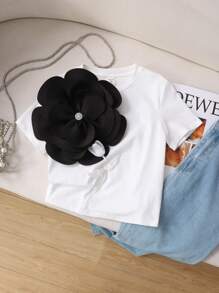Tween Girls Tricou cu mânecă scurtă, cu mânecă scurtă, cu decor floral 3D, de culoare uni, din tricot, alb