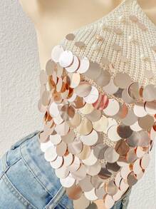 Sunnyshic 性感百搭度假风串珠挂脖针织上衣 - 卡其色 - 查看 7