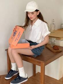 Hapijoa 青少年女孩领短袖衬衫，夏季，返校服装 - 白色 - 查看 2