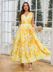 Ellevyn 加大码优雅女式印花V领褶皱奶油黄色连衣裙，女士夏季服装，毕业礼服，女士婚礼宾客礼服，女士太阳裙，女士优雅连衣裙，度假，女士黄色连衣裙，花裙 - 彩色 - 查看 5