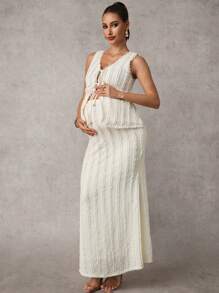 MaterniChic Maternity Two Pieces Suits Wedding Guest Two Pieces  Birthday Outfits For Maternity Lace Dress Tie