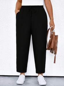 SHEIN PETITE CURVE Plus Size Casual Solid Color Angled Pocket Tapered Pants - Black - View 3
