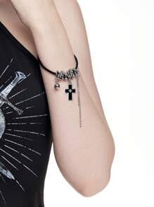 ROMWE Grunge Punk 1pc Asymmetric Cross Tassel Leather Cord Bracelet For Women, Sweet & Edgy Goth Style Fashion Accessory