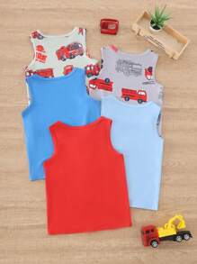5pcs Young Boy Basic Stylish Cool Fire Truck Print Colorful Sleeveless Undershirts Back To School Fashion