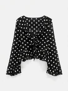 Maija 2025 Herbst/Winter Neue Vintage Polka Dot Muster Design Vordere Bindung Taille Rüschen Kragen Asymmetrischer Saum Weite Ärmel Damen Bluse, Modisch Lässig Chic Urban Elegant Romantisch Business Lässig Täglich Büro Party Strand Musik Festival Hochzeitsgast Brunch Y2K Retro Straßenmode Rückkehr zur Schule Herbst/Winter Damen Geburtstag Halloween