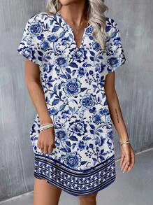 SHEIN LUNE Vestido corto de tejido casual con cuello en V para mujer, adecuado para primavera/verano - Multicolor - Ver 6