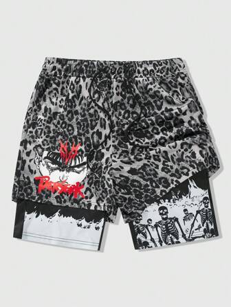 Anime Herren Gothic Schädel & Anime Charakter bedruckte Shorts mit Leopardenmuster, geeignet für den täglichen Gebrauch, Frühling und Sommer
