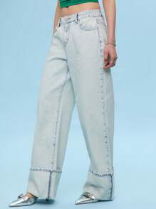 COUREZ 低腰直筒牛仔裤，裤脚卷边设计 /Y2K/休闲/纯棉复古 - 白色 - 查看 5