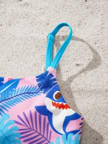 BABY SHARK X SHEIN Tween Girl Summer Vacation Shark Print Ruffle Trim One-Piece Swimsuit - Pink - View 4