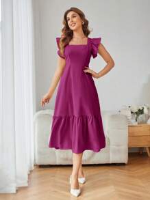 Aveloria Rosie Vestido de vacaciones para mujer de color liso con escote cuadrado, volantes en los brazos y en el bajo