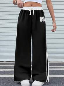 SHEIN 少女宽松拼色印花阔腿裤，休闲度假街头风，春夏 - 黑色 - 查看 3