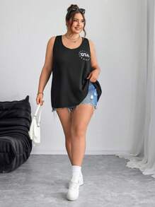 SHEIN CURVE+ Plus Size National Flag Print Casual Sleeveless Tank Top For Summer4th Of July / USA / 4th Of July Outfits / 4th Of July Clothes / 4th Of July Women/Graphic Tees